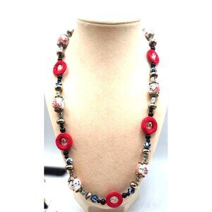 Artisan Asian Ceramic Red Black Silver Beaded Necklace